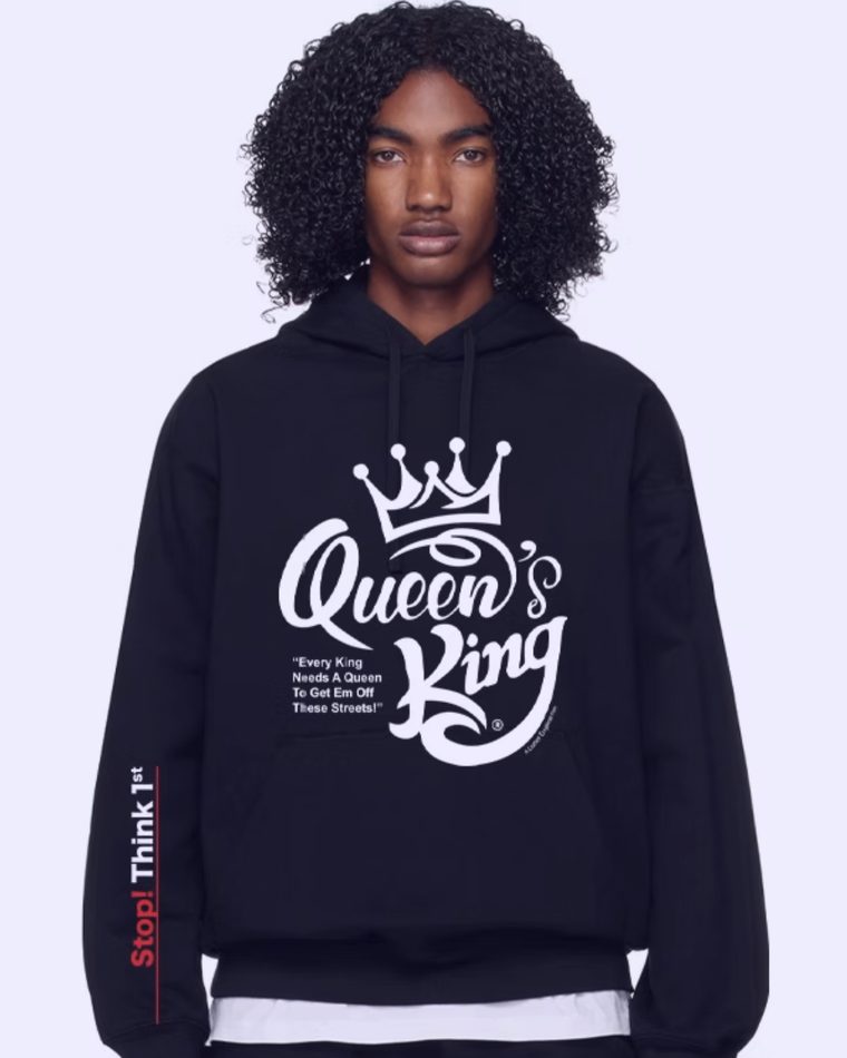 Model wearing the black Queen's King hoodie